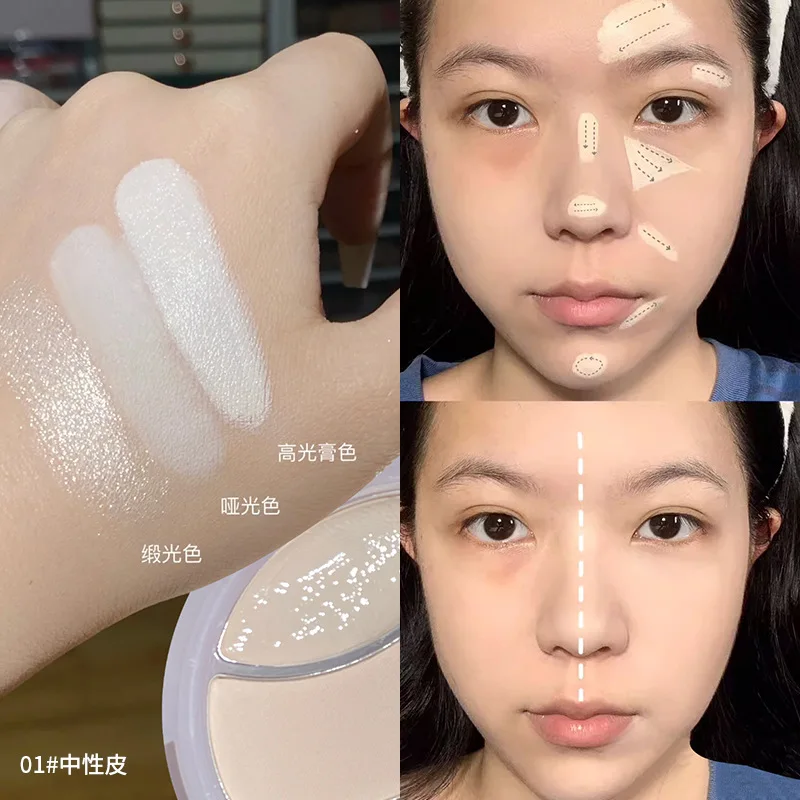 Dreifarbiges, mattes Highlighter-Puder, multifunktionale Konturenpalette, 3D-Aufhellung, wässriges Finish für Make-up