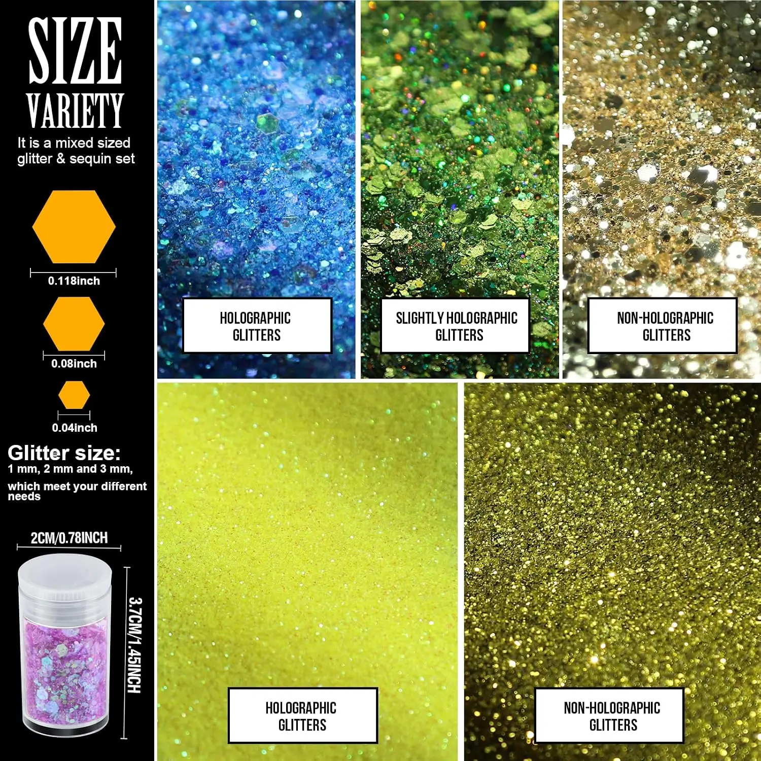 12 Cans Random Color 54-Color Rainbow Glitter, Nail Glitter Fine Powder Glitter, Nail Resin Cup Glitter, Size 1/128”(0.2mm)
