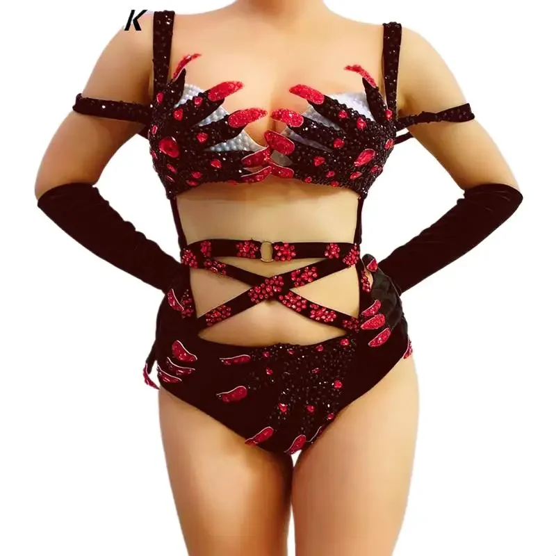 Black Hand Velvet Rhinestone Bikini Bodysuit With Gloves Sexy Nightclub Stage Wear Bar Singer Pole Dance Costume Carnival Outfit