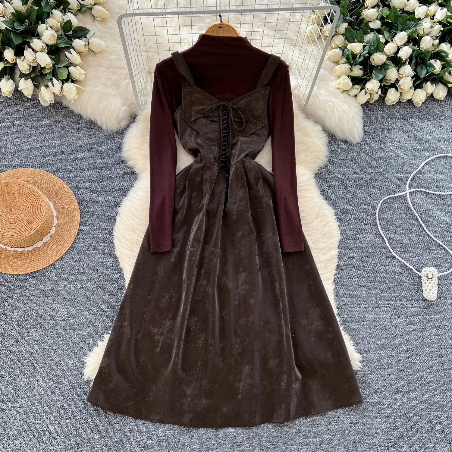 Women Two-Piece Sets Vintage Half High Collar Top Long Sleeve Top and PU Leather Straps Dress Korean High Street Autumn Clothing