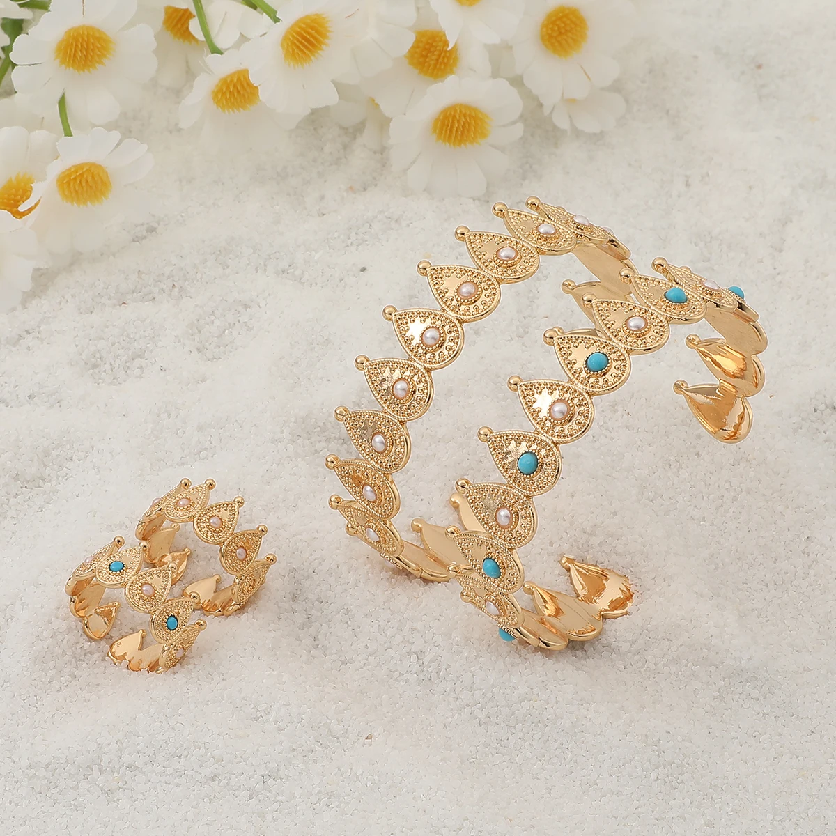 Women Fashion Copper 2 Pcs Bangle Ring Set Arabic Ethnic style Waterdrop Deisgn Pearl Bangle Luxury Wedding Praty Jewelry Set