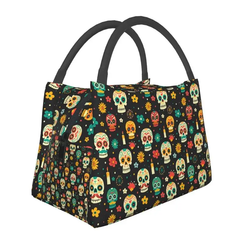 

Mexican Flower Sugar Skull Thermal Insulated Lunch Bag Women Day Of The Dead Lunch Container for Office Outdoor Meal Food Box