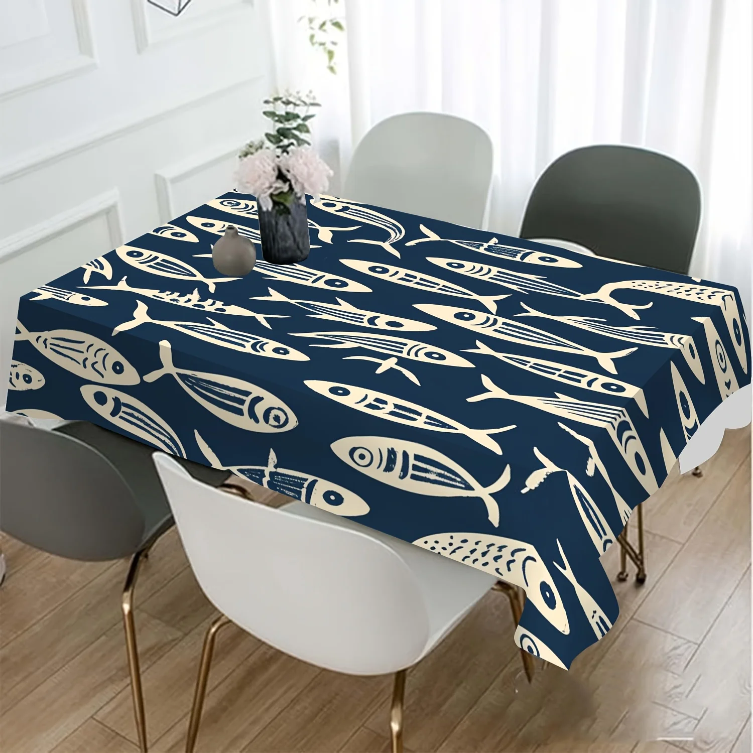 Hand Drawn Fish Tablecloth, Navy Base With Ocean Fish Graphics, Rectangular Table Cover for Nautical Theme & Kids Room Decor