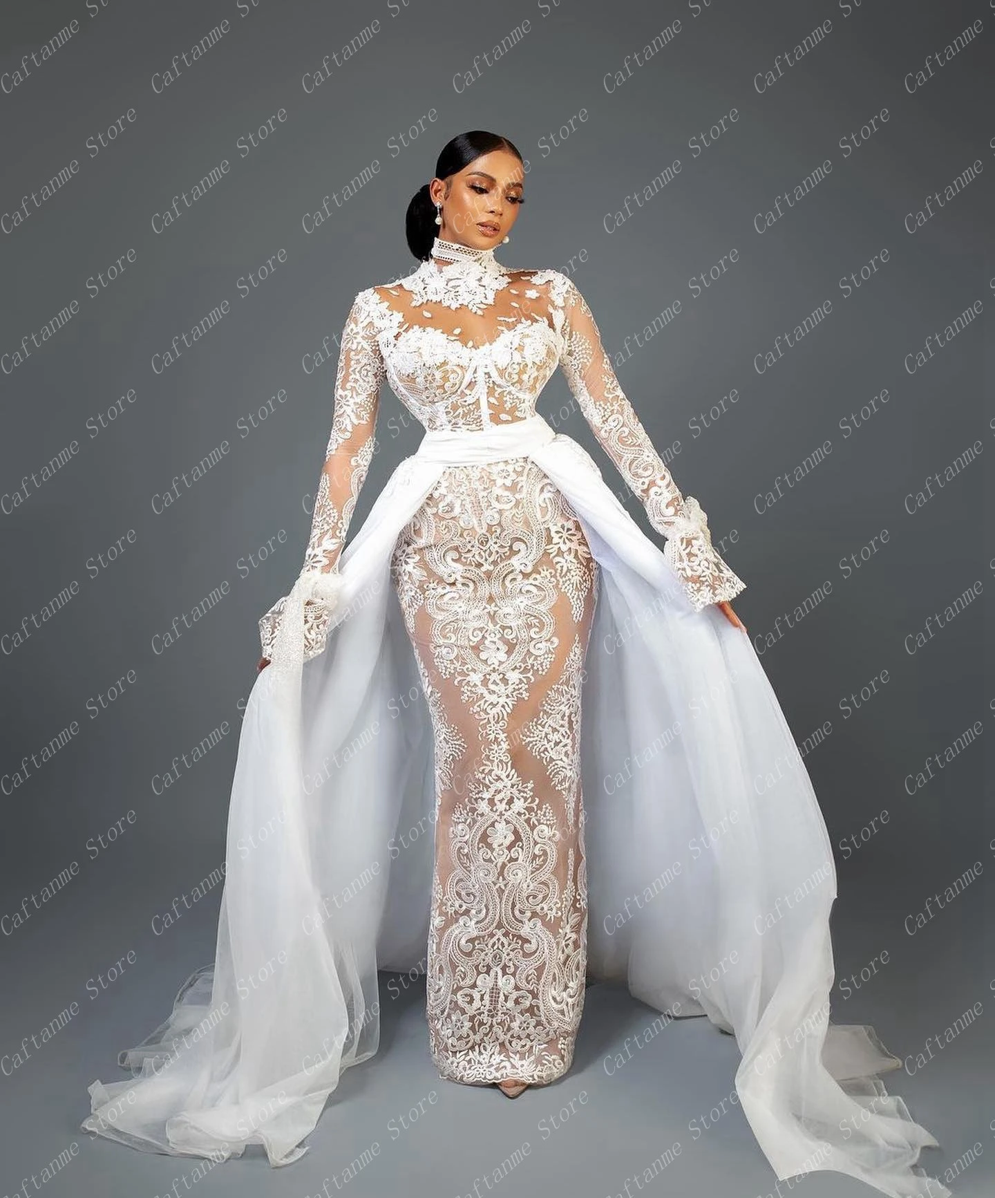 Luxury White Lace Wedding Dress Detachable Train Long Sleeves High Neck See Thru White Bridal Gowns Aso Ebi Black Girls 2024