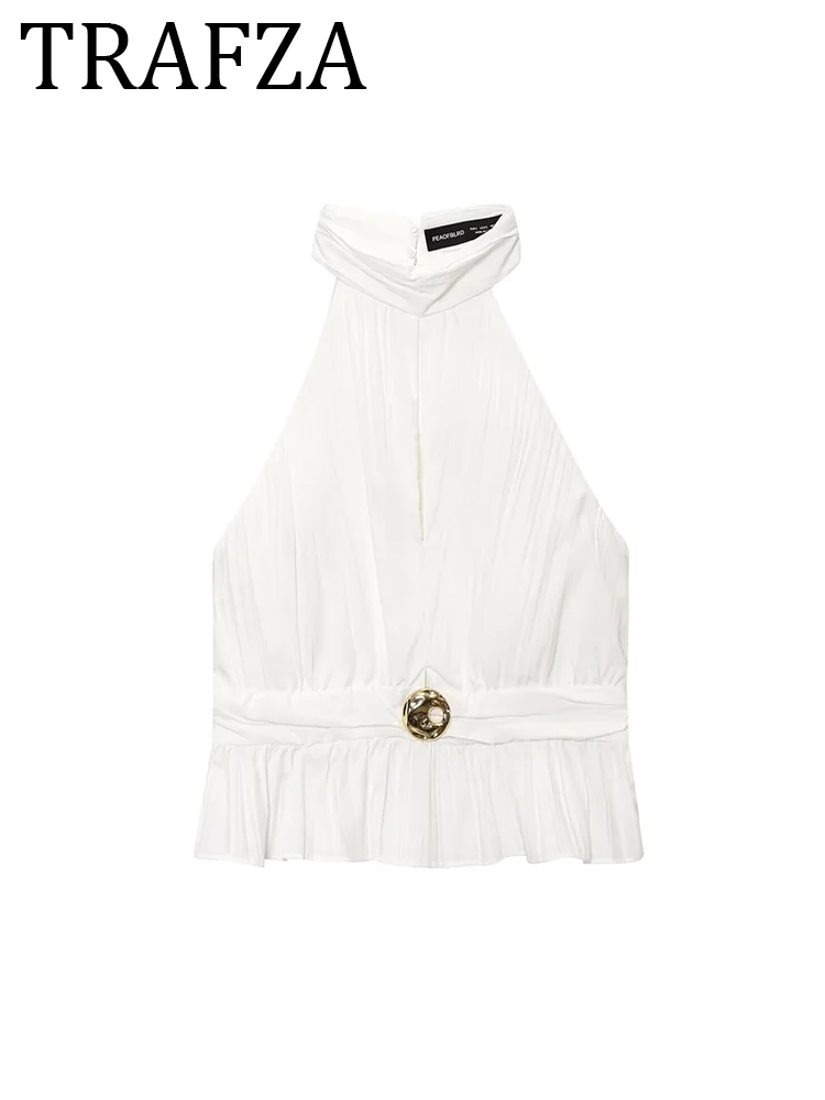 

TRAFZA 2025 Top Women Pleat Halter Top Sleeveless Gold Buckle Slit Summer Top Female Tank Top Casual Crop Top Vintage Short Vest