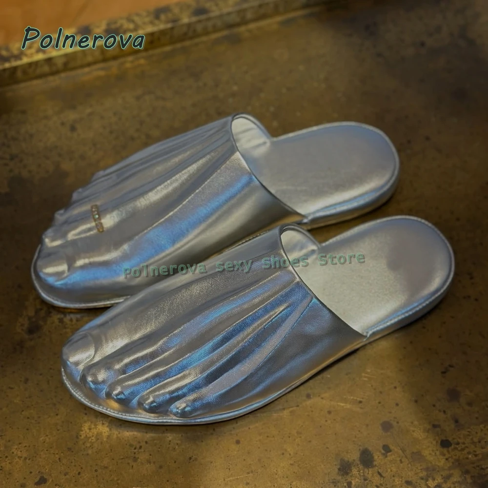 Silvery Five Finger Flat Slippers Solid Shallow Slip On Casual Fashion Women Pumps 2026 Spring Summer Runway Show Shoes Trend
