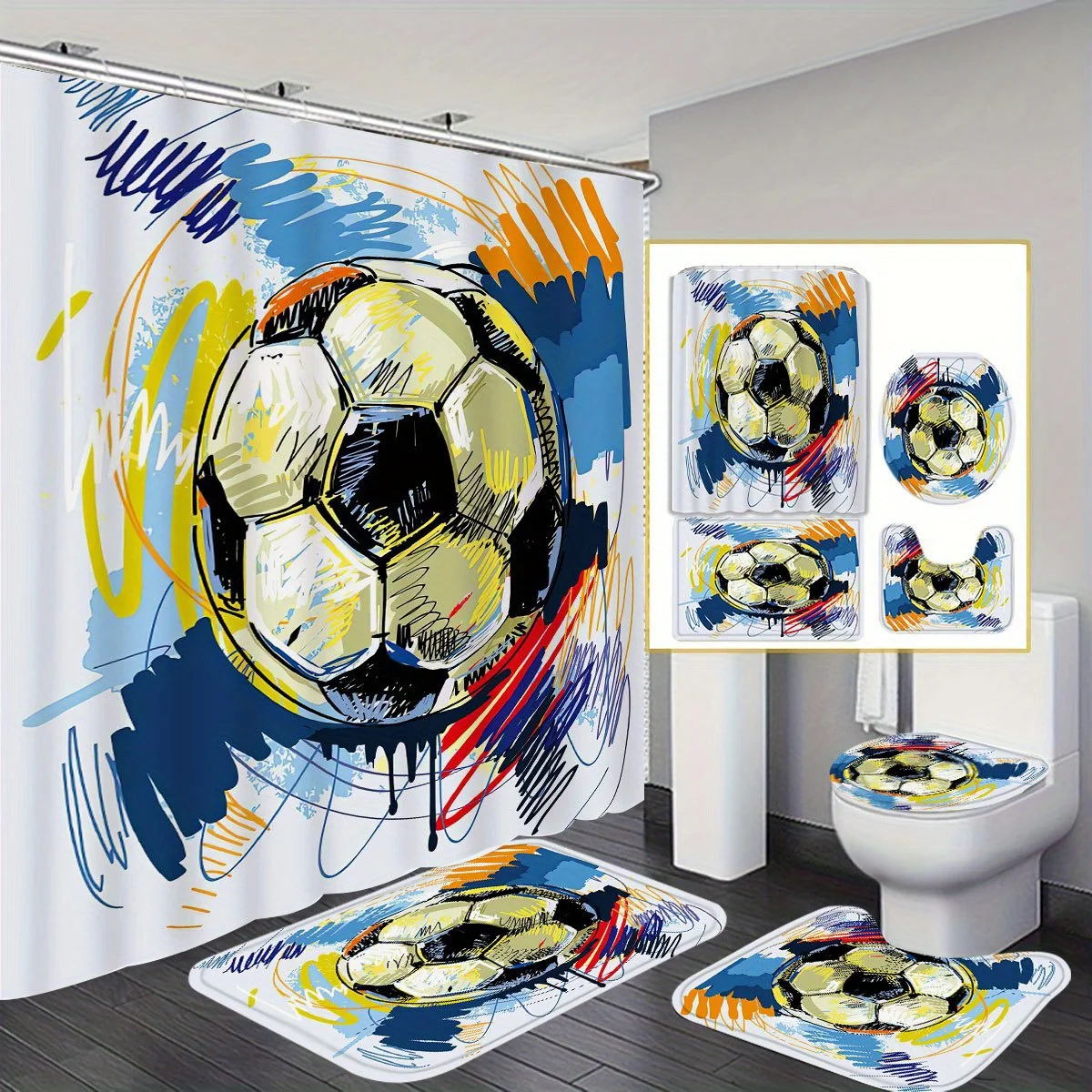 

Football print Patterned Shower Curtain, High Quality, Polyester, Includes Non-Slip Bath Mat, U-Shaped Toilet Seat and