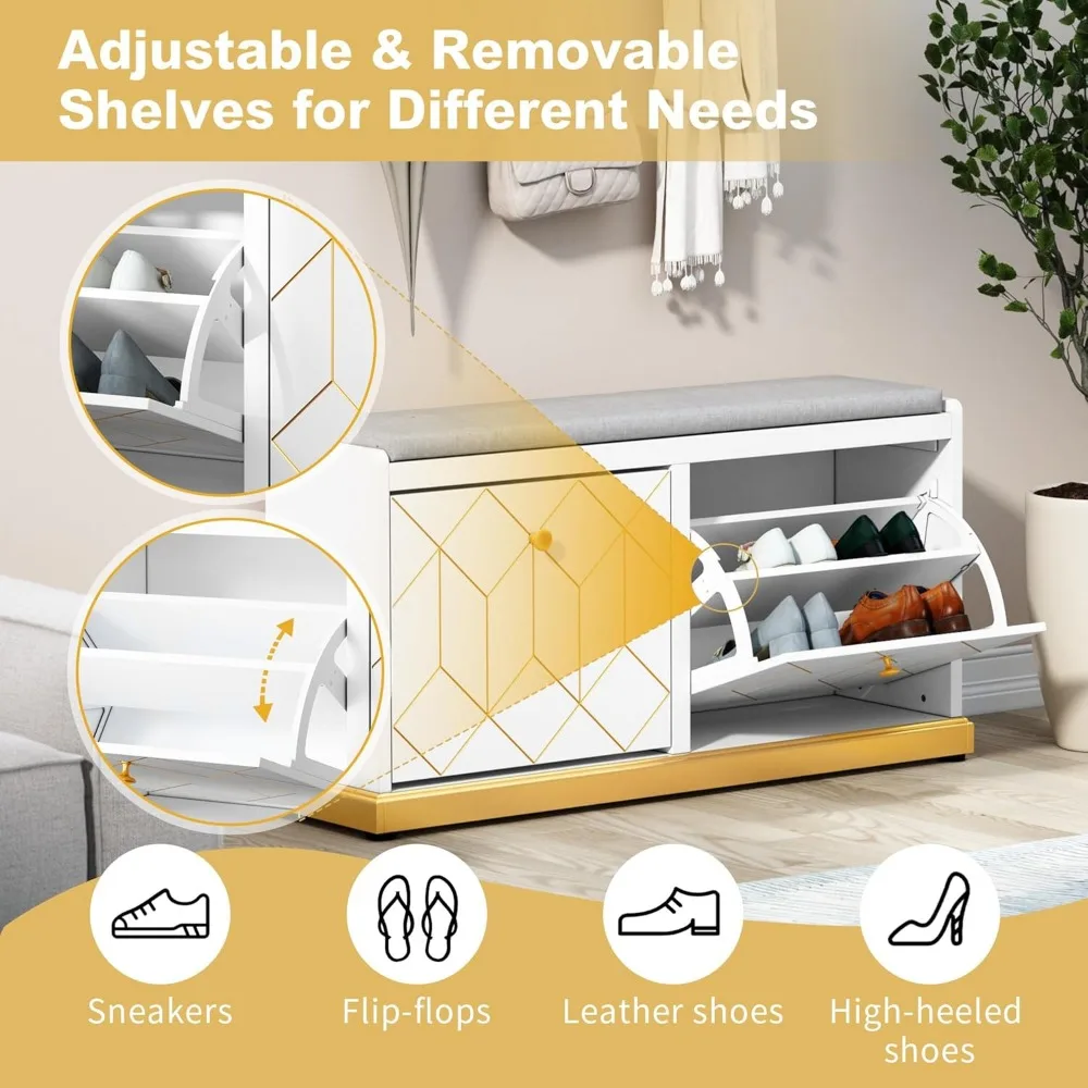 Banc à chaussures avec rangement, banc d'entrée moderne avec 2 tiroirs rabattables et siège coussin rembourré, banc de rangement pour chaussures pour couloir, Cl