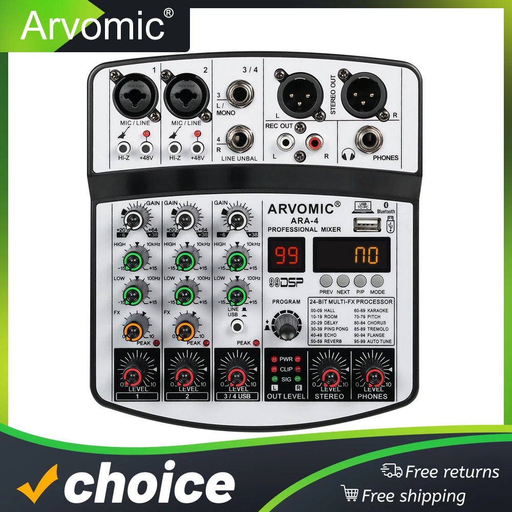 

Звуковой миксер ARVOMIC, 4-канальная DJ-микшерная консоль, Bluetooth, USB-интерфейс 99DSP для детской сцены, караоке (вечерние)
