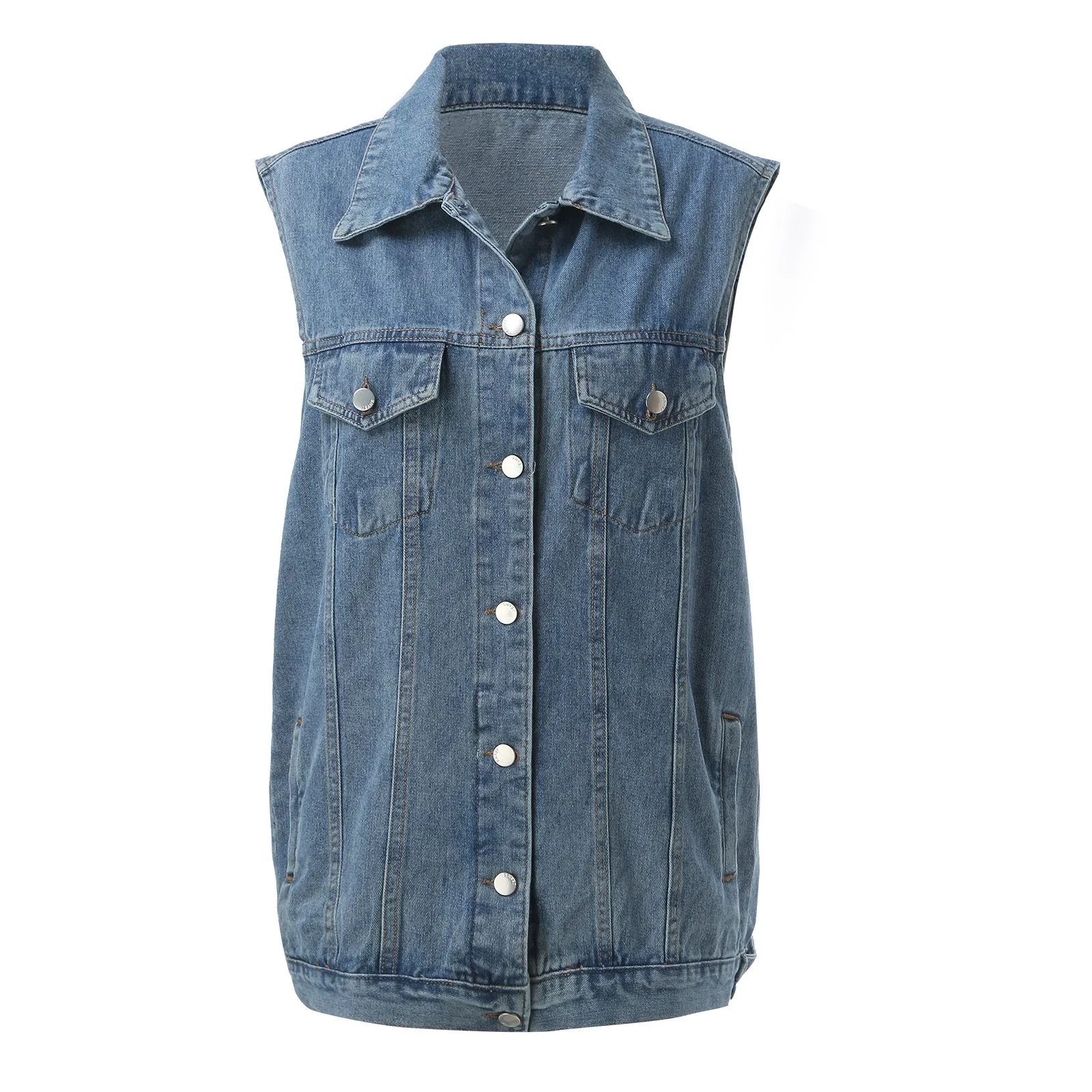 Medium Length Woman Denim Vest Coat Fashion Turn Down Collar Button Down Outerwear Vest Women's Sleeveless Coat Denim Jacket