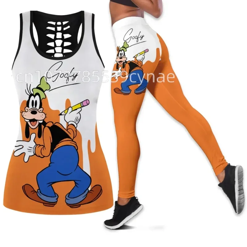 Disney Goofy Women Hollow Vest + Women Y2k Leggings Yoga Suit Fitness Leggings Sports Suit Disney Tank Top Legging Set Outfit