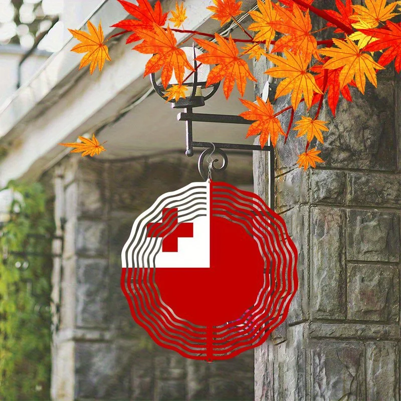 2D Flat, 1pc Metal Rotating Hanging Wind Chime - Swiss Flag Design, Indoor/Outdoor Garden Decor with Red Cross Emblem