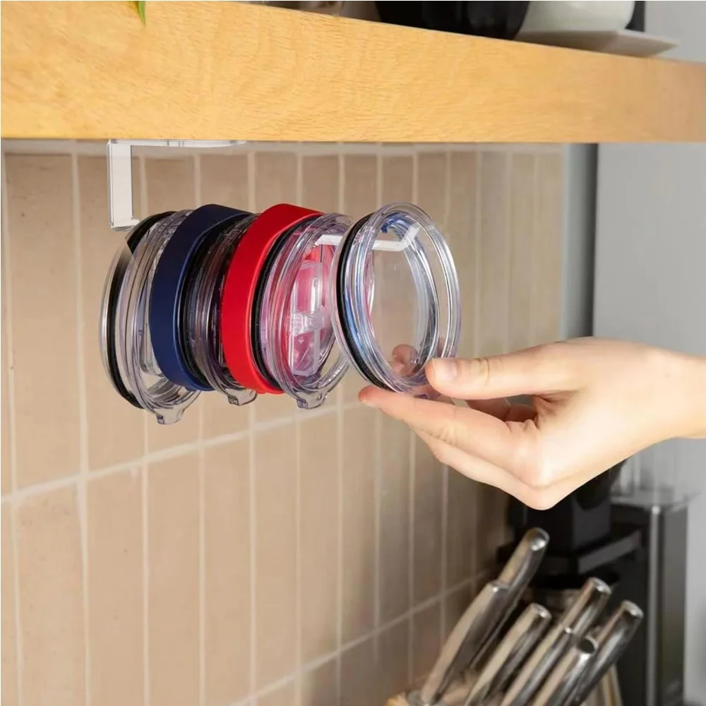 Tumbler Lid Organizer, Space Saving Cup Lid Organizer Self-Adhesive or Drilling Tumbler Lid Hook for Kitchen Organizers Storage