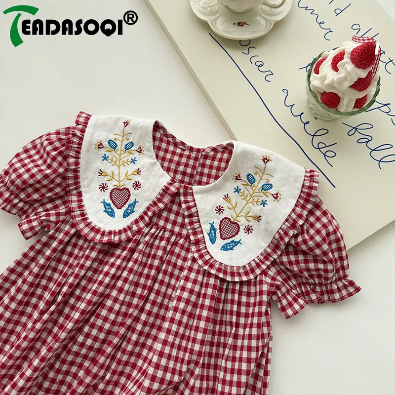 Children's Clothing Doll Collar Flower Embroidery Girls' Dress Summer Style Red Checkered Short Sleeved Sweet Children's Skirt