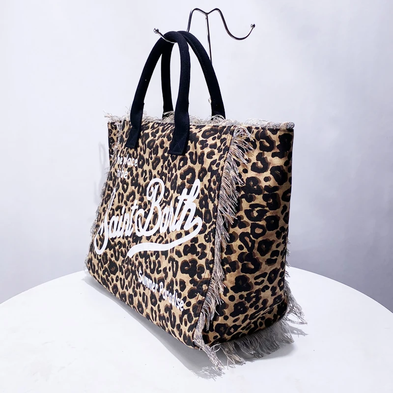 Leopard Print Canvas Bags For Women Luxury Designer Handbag Purse 2024 New In Casual Letter Tassel Large Capacity Tote Shoulder