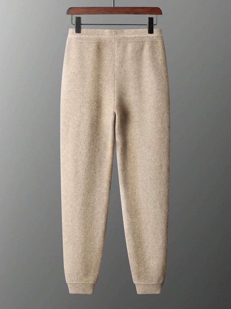 Men's Wool Pencil Pants Drawstring Elastic Waist Casual Trousers Autumn Winter 100% Merino Wool Knitted Jacquard Tapered Pants