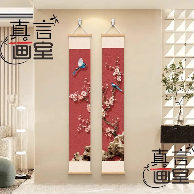 Lucky Magpie Plum Blossom Tapestry Wall Hanging, Japanese Zen Dry Landscape Vertical Scroll for Corridor Living Room House Decor