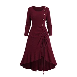 2024 Women Fall Winter Dresses Cinched Flounce High Low Knit Dress Mock Button Solid Color Long Sleeve Midi Knitted Dress