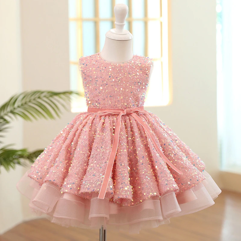 

Flower Girl Elegant Gala Pink Dresses for Weddings Prom Pageant Fluffy Short Evening Gown Children Eid Luxury Sequin Party Dress