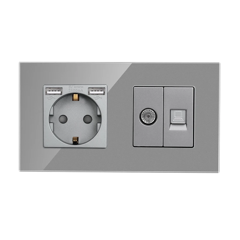 DAJIMEI EU Russia Standard Double Triple Wall Plug TV Computer Internet RJ45 and Dual USB Socket Crystal Glass Panel for Home