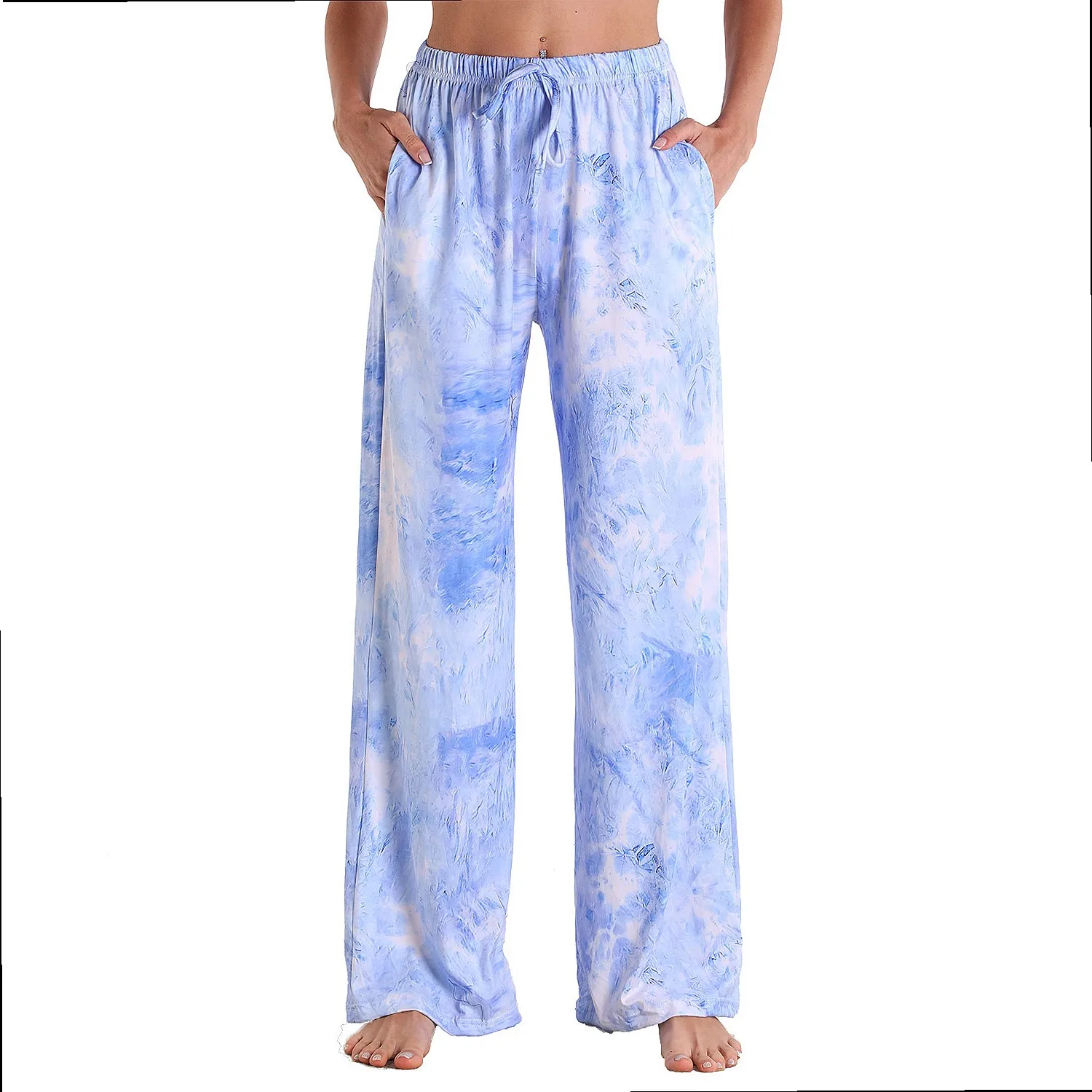 Stretchy Cotton Straight Leg Pants Elastic Waist Casual Printed Long Trousers Women Jumpsuit