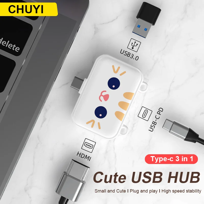 3-in-1 Type-C USB Hub Cartoon OTG USB 3.0 Dock Station For Mobile iPad Tablet Type-c Adapter Converter Laptop Computer Splitter