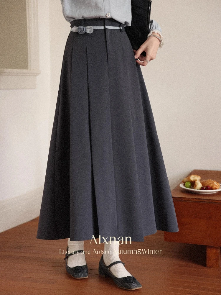 

ALXNAN Gray Pleated Midi Skirt Women Office Lady Long A-line Skirts 2025 Autumn Loose-fit Elegant Casual Female Clothing L56832