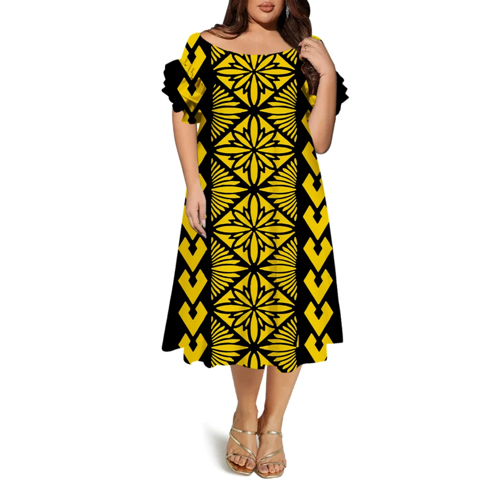 Novo estilo polinésia feminino vestido longo de manga curta vestido de um ombro padrão floral em camadas plissado fora do ombro vestido