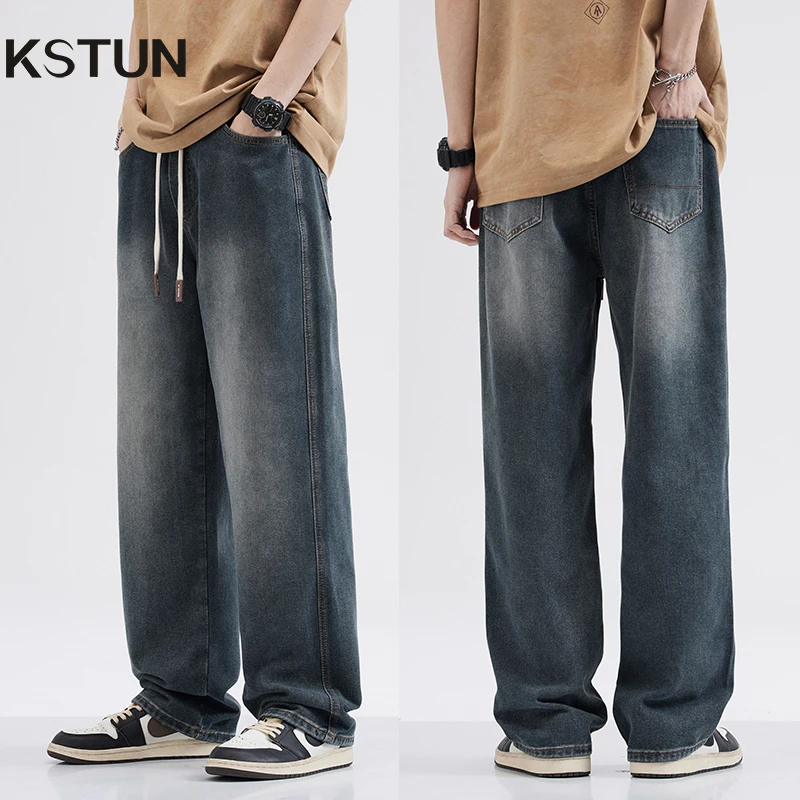 

Wide Leg Jeans Men Baggy Pants Loose Fit Retro Blue Denim Pants Vintage Elastic Waist Strawstring Streetwear Jeans Male Homme