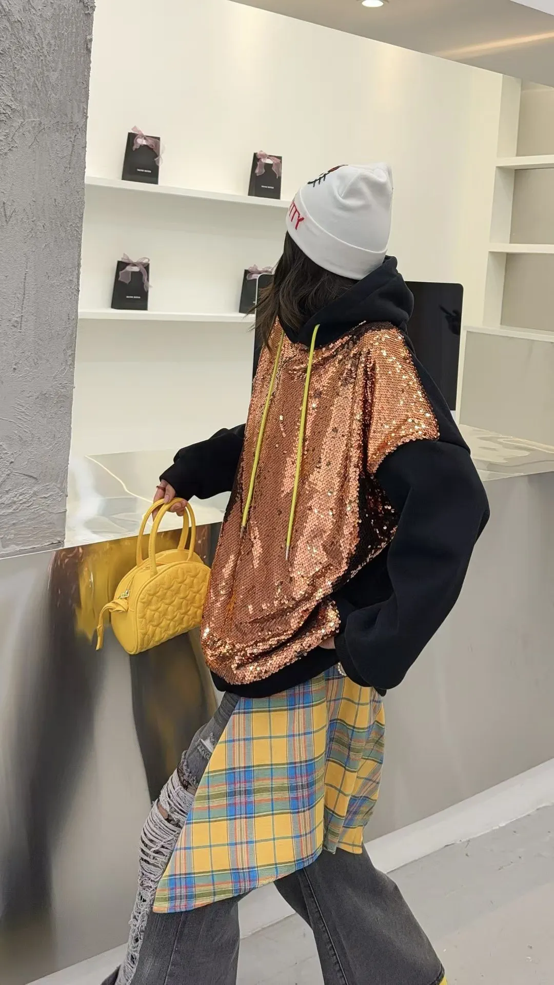 스팽글 패치워크 오버사이즈 후드티 여성 Y2K 의류 2025 겨울 플리스 캐주얼 루즈 풀오버 아우터웨어 가슴둘레140cm