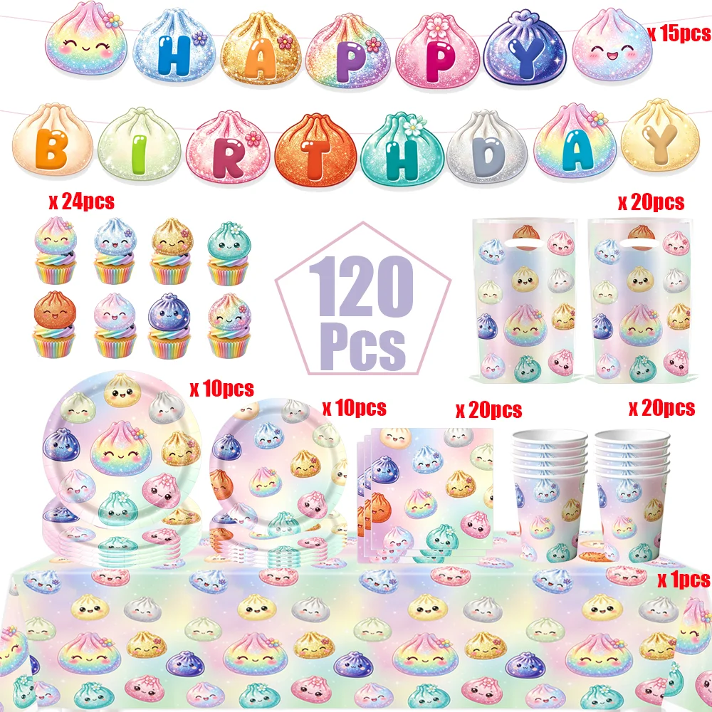 Squishy Dumpling Geburtstagsparty-Dekorationsset Einweg-Tischgeschirr Becher Teller Serviette Geschenktüte Banner Hintergrund Kinderparty-Zubehör – Detail 3