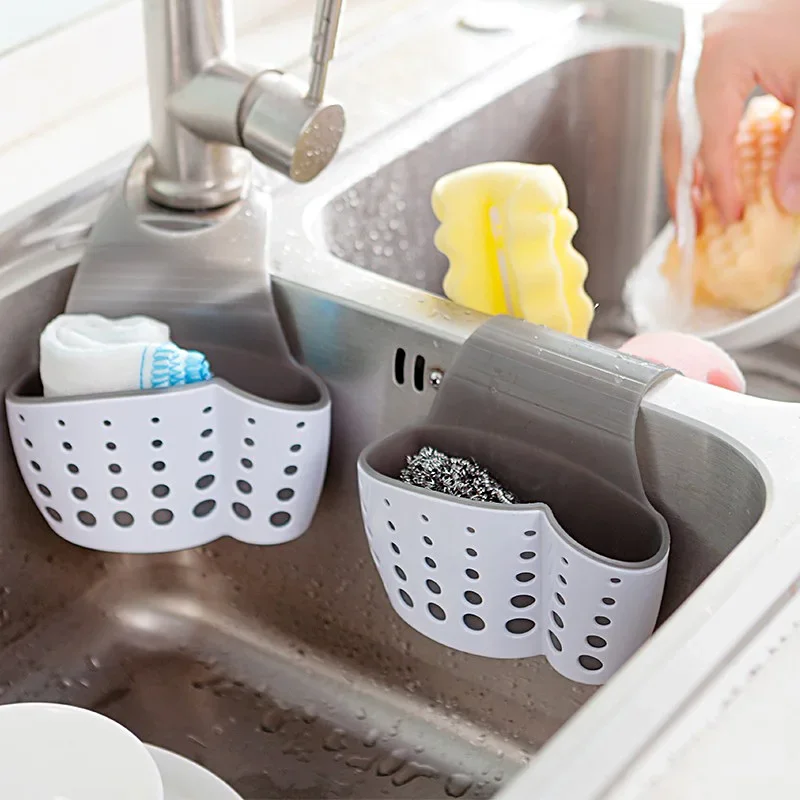 2 Sided Kitchen Sponge Drain Rack Sink Scouring Pad Hanging Storage Basket Cleaning Brush Holder Soap Organizer Shelf