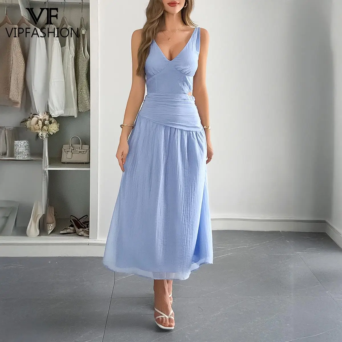 VIP FASHION – robe Maxi rouge pour femmes, col en V, sans manches, taille découpée, froncée, fête de vacances d'été, robes blanches élégantes