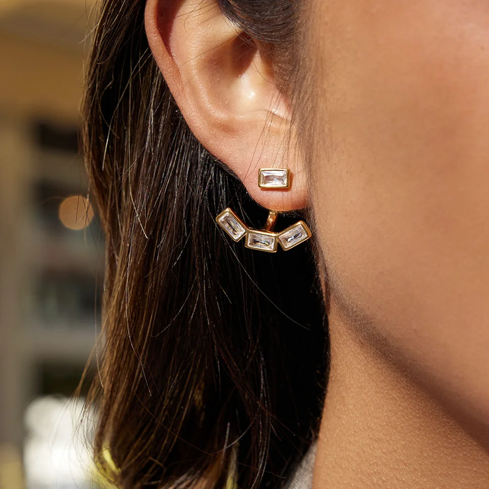 Statement Gift for Her Baguette CZ Front Back Ear Jacket Earrings,Waterproof Non-Fading 18K Gold Stainless Steel,Chic Gift