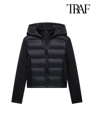 TRAF-Hooded Patchwork Padded Jacket Coat with Pockets for Women, Long Sleeve, Front Zipper, Female Outerwear, Chic Tops, Fashion