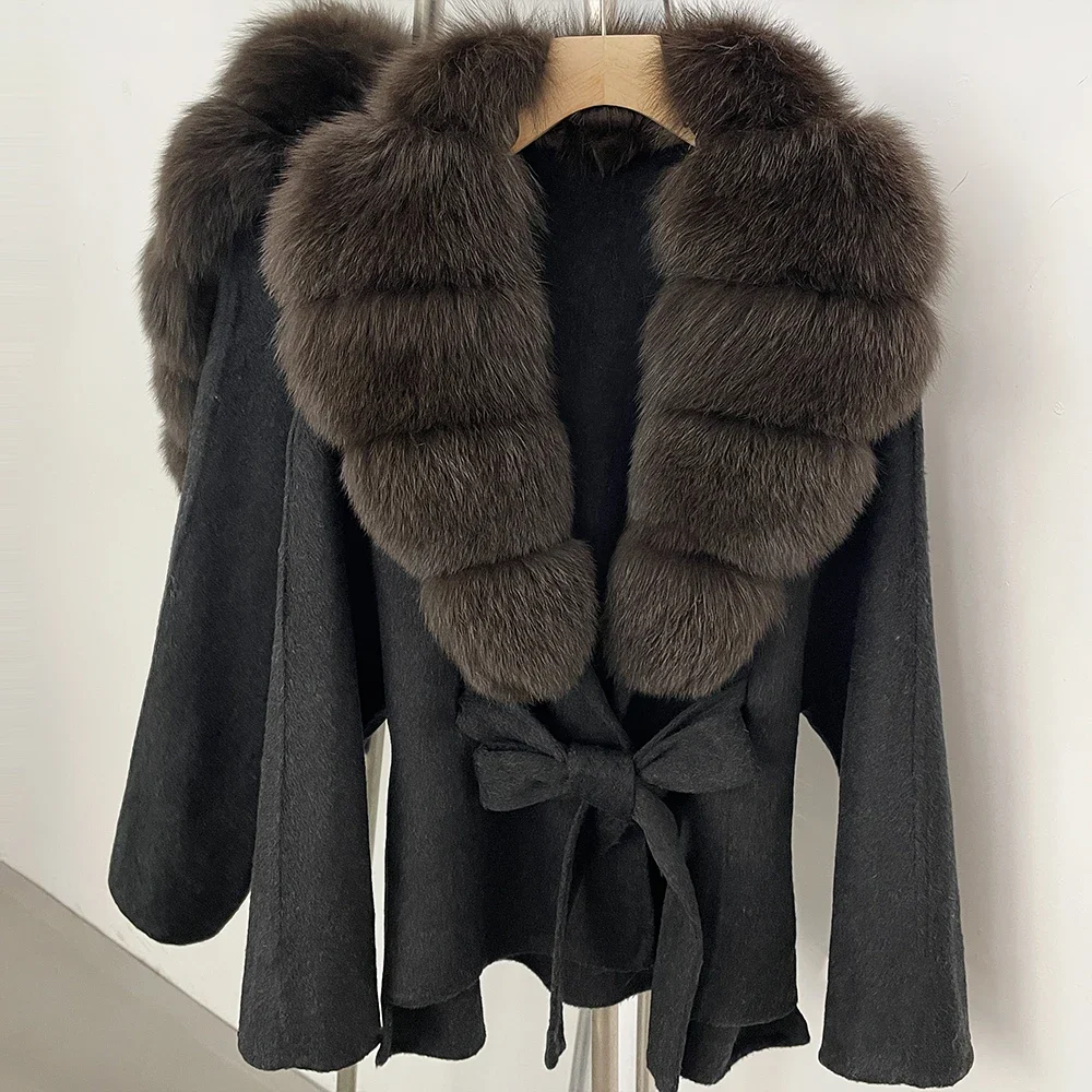 OFTBUY Neue Winterkleidung für Damen, Luxuriöser Kurzer 100% Wollmantel mit Natürlichem Pelzkragen, Warmem Gürtel und Echtem Fuchspelz, Wolljacke für Damen – Detail 24