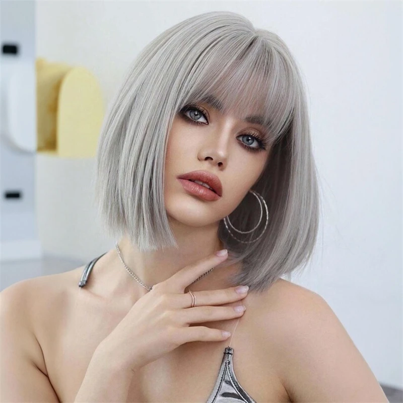 Silver Grey Natural Human Hair Wigs for Women Short Straight Remy Human Hair Wigs with Bangs 12 inch Bob Wigs For Women Daily