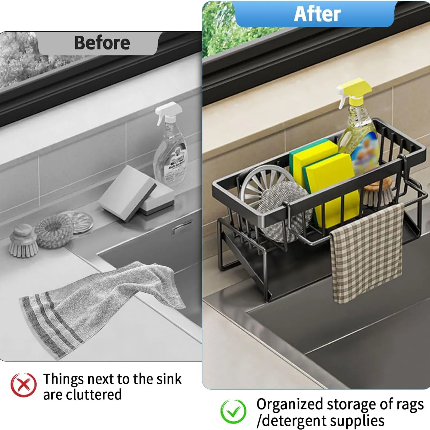 Kitchen Sink Drain Rack Organizer Carbon Steel Sponge Storage Faucet Holder Self-Draining Soap Dishcloth Towel Shelf