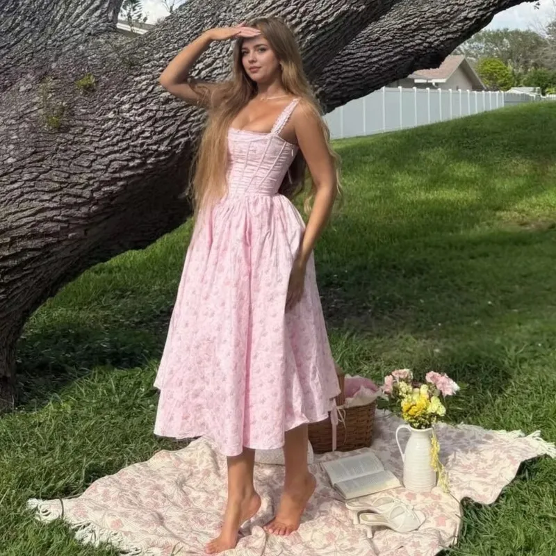 Vestido con estampado Floral para mujer, elegante vestido de fiesta por debajo de la rodilla con cordones en la espalda, vestido de vacaciones elegante blanco y rosa para verano 2025