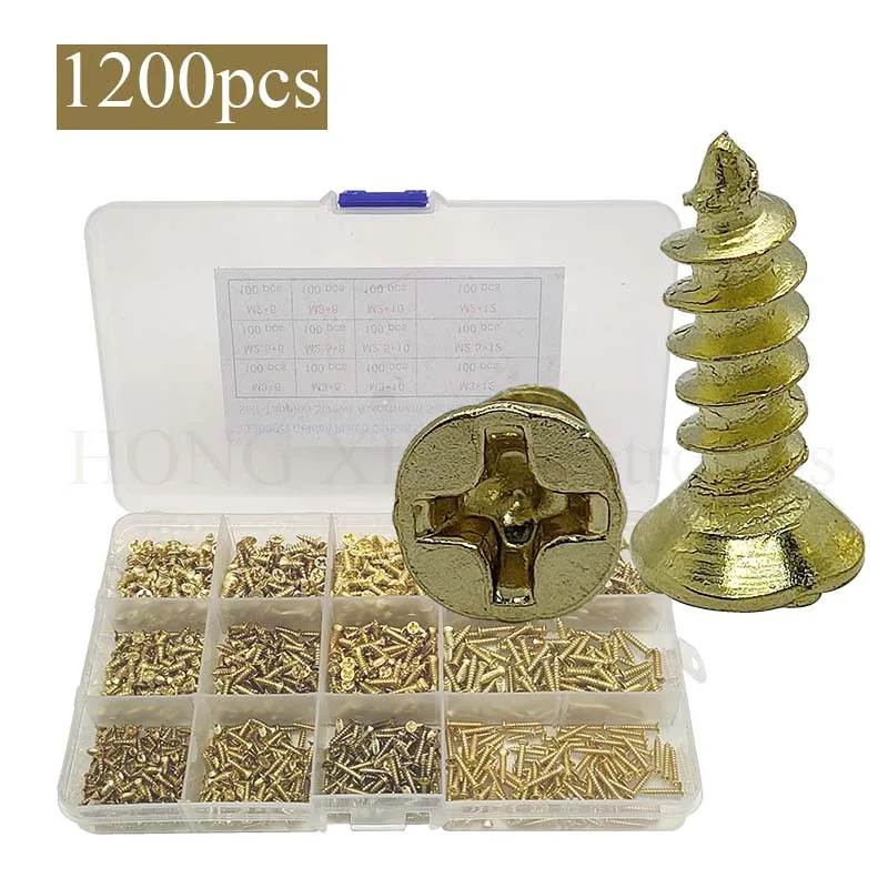 Small Screws Phillips Flat Head Cross Self Tapping Tiny Screw Electronic Screw Micro Woodworking Mini Screw Set Gold 1200PCS