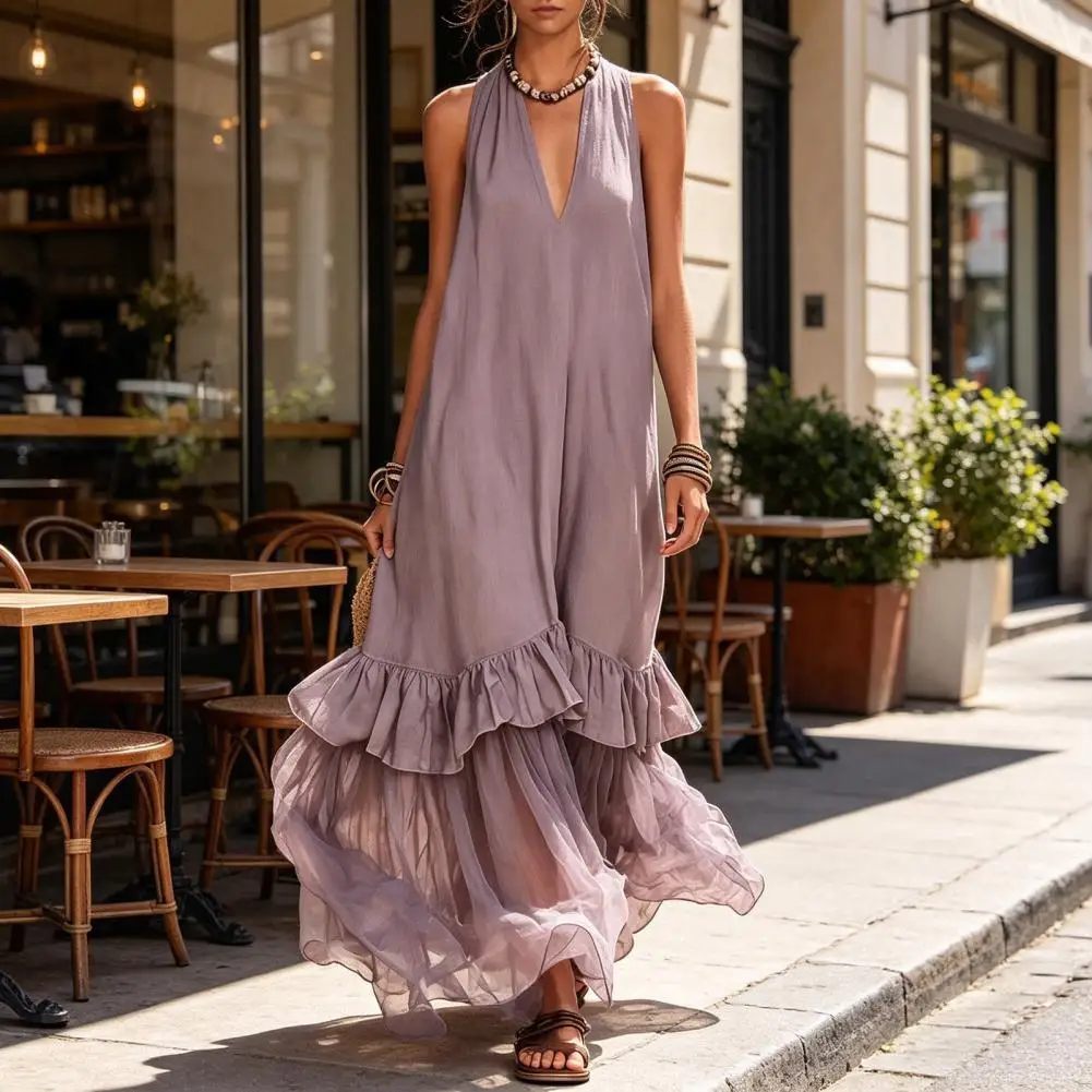 Bohemian Dress Summer Maxi Dress for Women V Neck Mesh Patchwork Gown A-line Ruffle Flowy Beach Sundress Elegant Outfit Halter