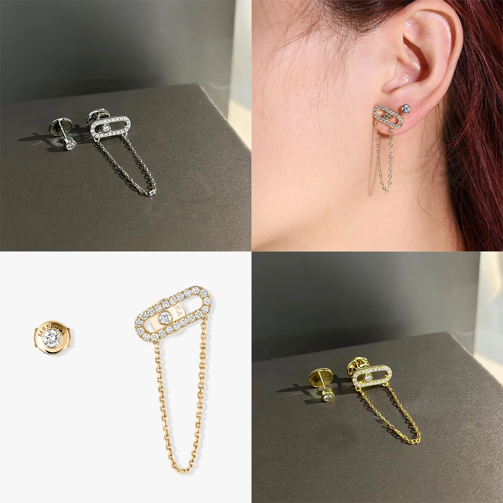 

kimsu Fashion 925 Silver Asymmetric Stud Earrings Simple Paperclip Design Chain Pendant Gold Women's Party Jewelry