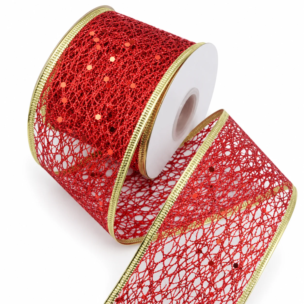 6.3cm 2 Yard Red Glitter Mesh Wired Ribbon with Gold Edge Christmas Gift Wrapping Bow DIY Tree Wreath Party Decoration
