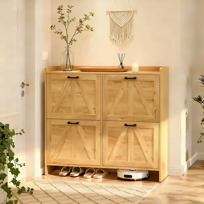 Modern Light Oak Shoe Cabinet with 4 Flip Drawers Space Saving Barn Door Design Durable Eco Friendly Home Furniture for