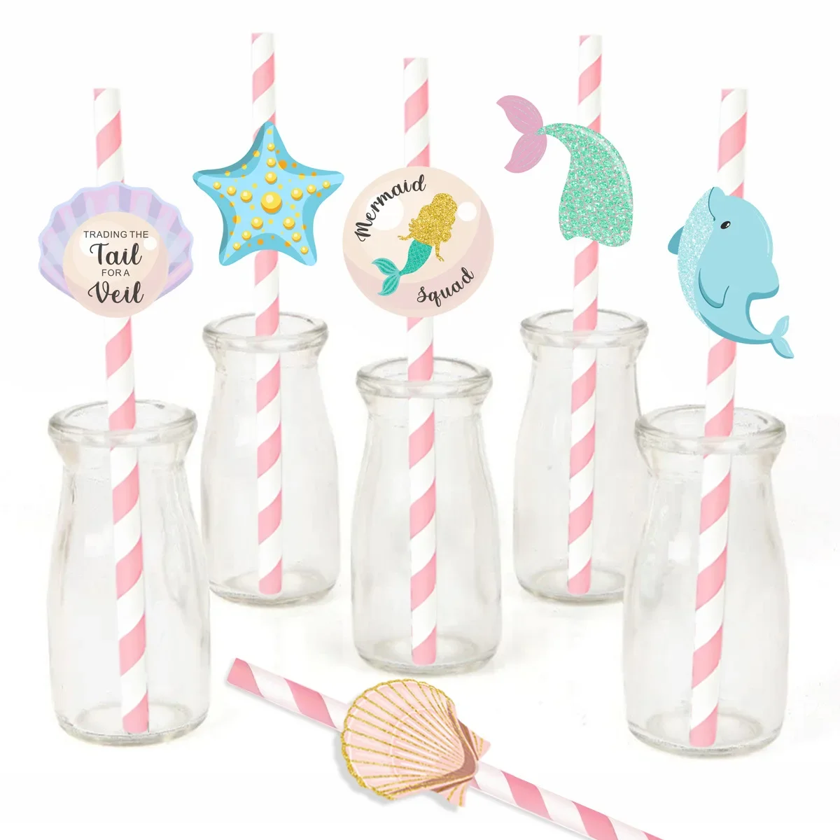 12Pcs Paper Drinking Straws with Cards Eco-friendly Mermaid Disposable Seashell Starfish Cake Dessert Toppers Party Decoration