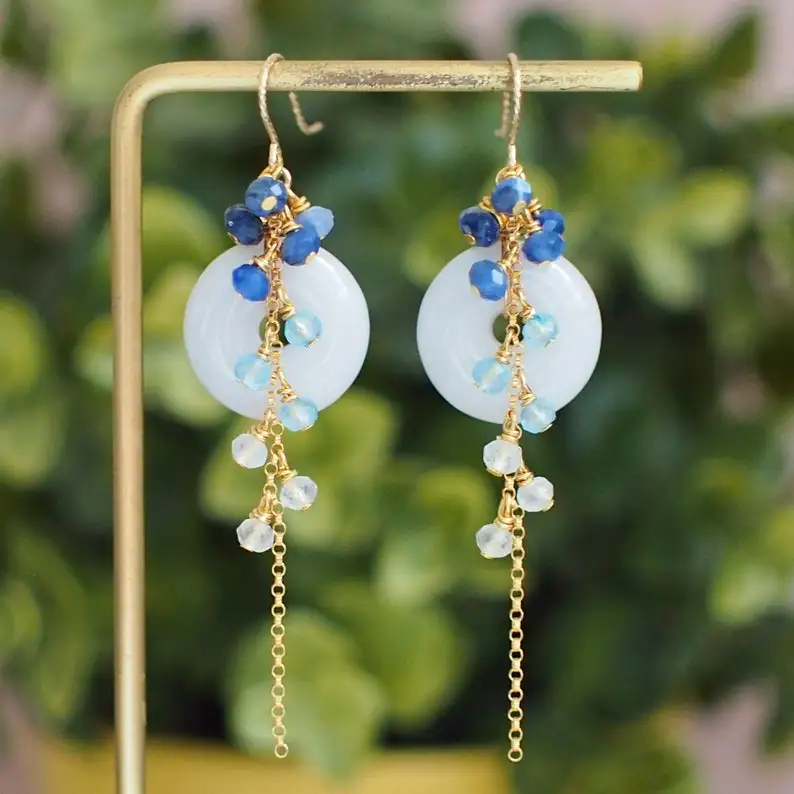 Type A Burmese White Jade Donut Earrings // Long Cascading Gems // Blue Ombre // 14K Gold-filled // Unconventional & Stylish