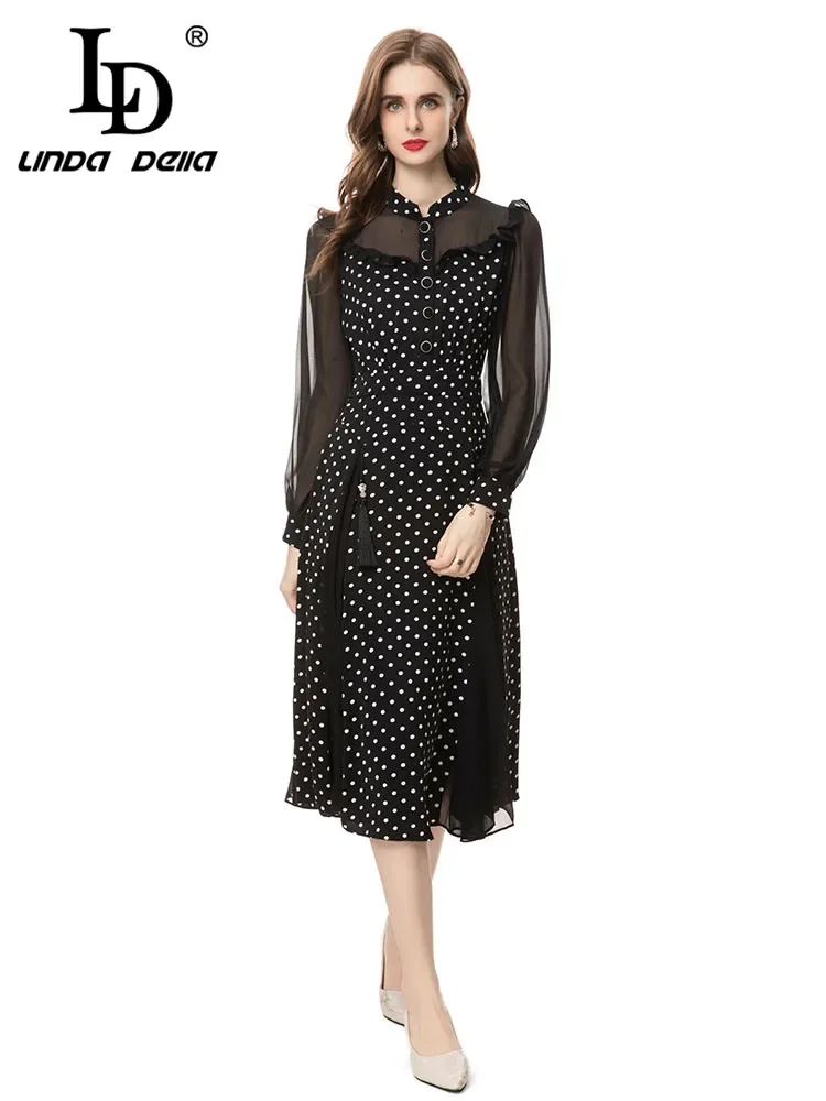 

LD LINDA DELLA Summer 2024Luxury Designer Party Dress for women Net Yarn Polka Dot Print Button Ruffles Medium length Dresses