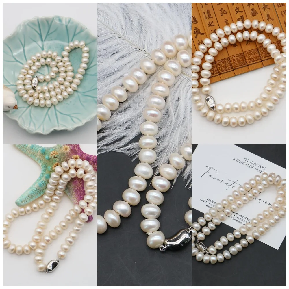

Natural Pearl Necklace Ingot-shaped Copper Clasp Featuring Nearly Round Steamed Bun-shaped Flat Beads Plump Jewelry Accessory
