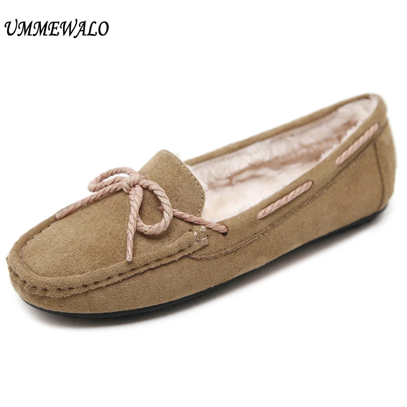 

UMMEWALO Women Flat Shoes Winter Warm Loafer Shoes Woman Flock Short Plush Cotton Bow Shoes Mother Loafers Driving Footwear