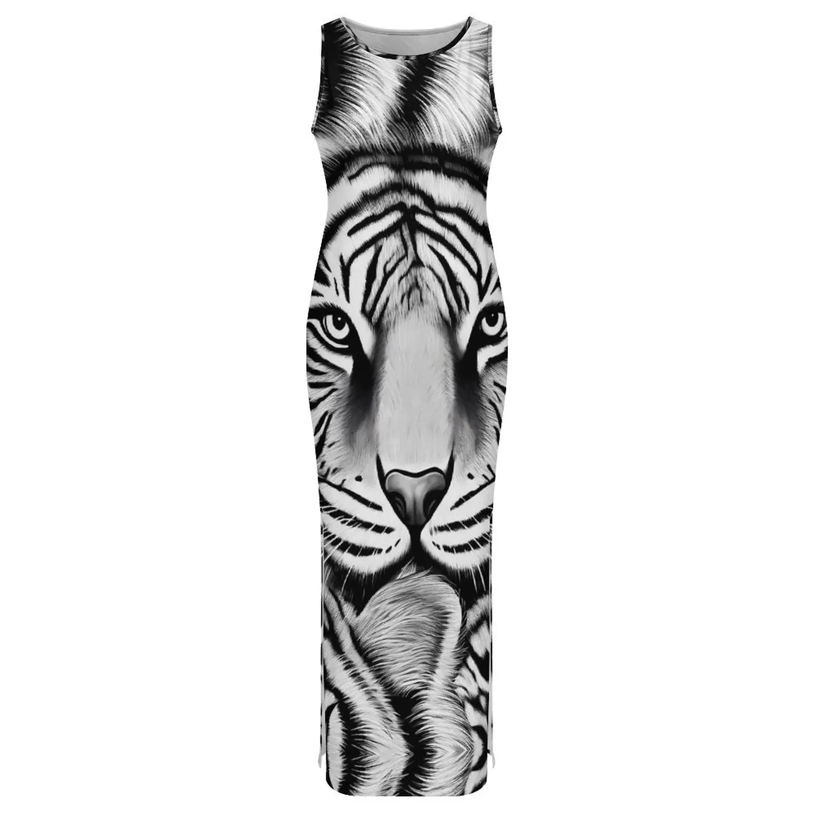 สีดําและสีขาวเสือชุดแขนกุด Retro สัตว์แฟชั่น Maxi ชุดคลับเซ็กซี่ชุดเข้ารูปหญิงพิมพ์ขนาดใหญ่ Vestido